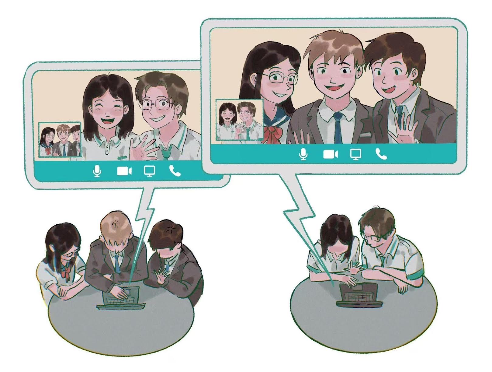 Students using laptops for language exchange