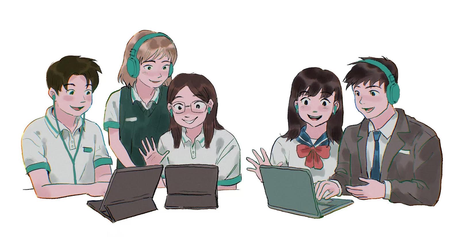 Students using laptops for language exchange