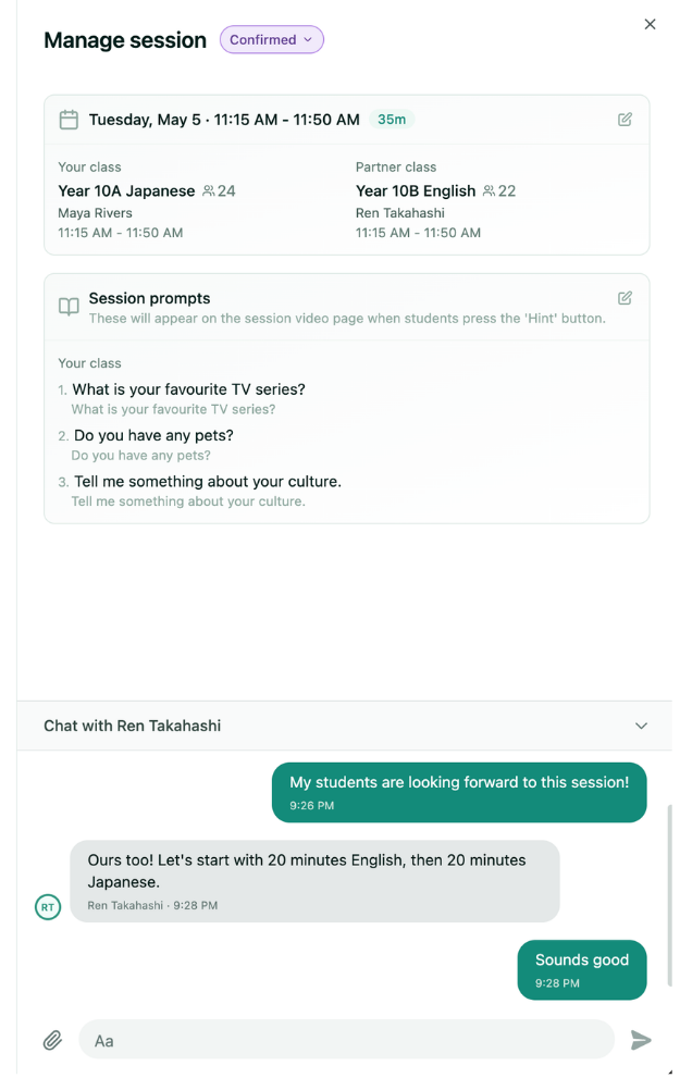 Session management dialog with chat