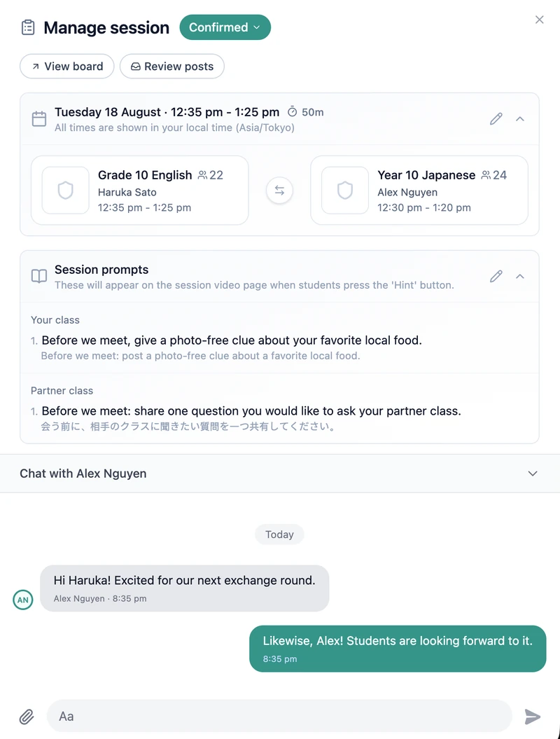 Session management dialog with chat